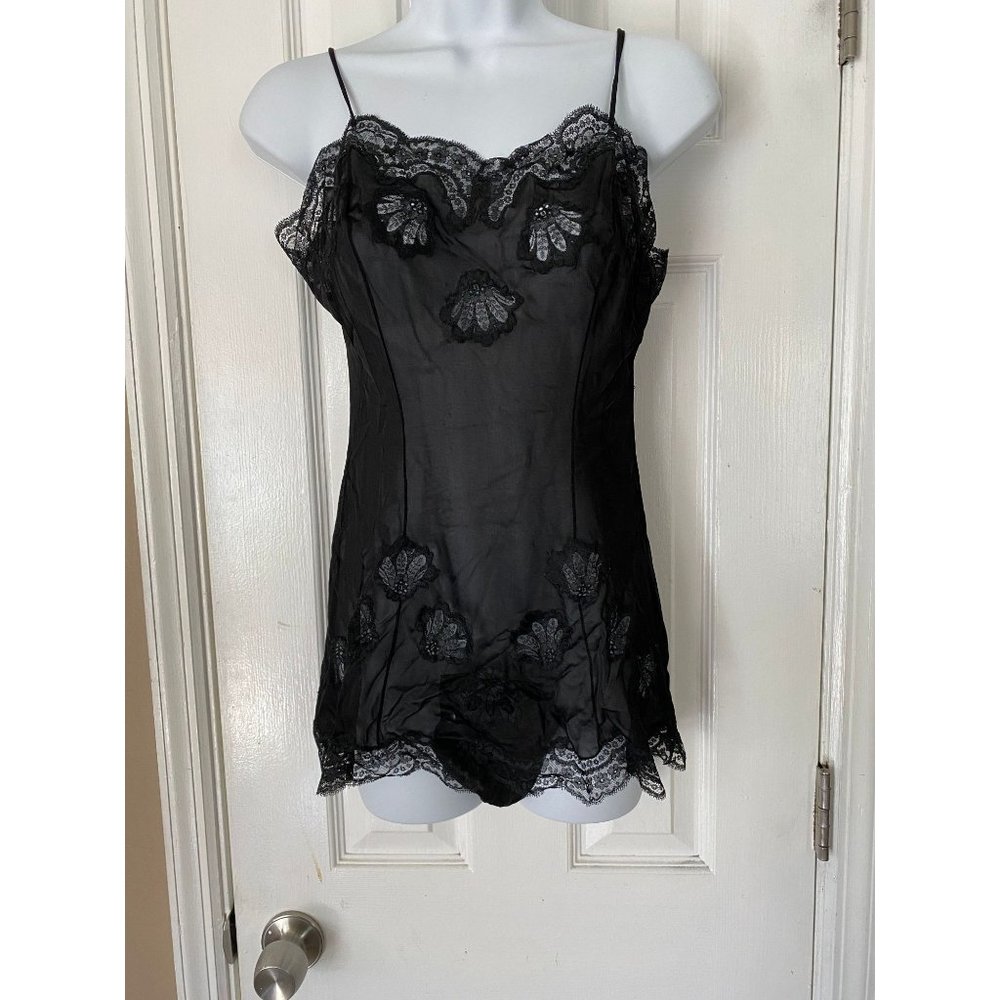 Vintage Black Short Sheer Lace Chemise Body Suit M